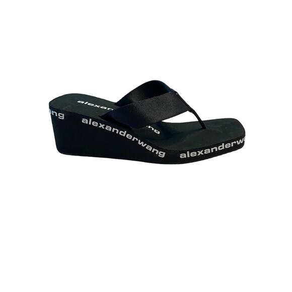 Alexander Wang Wedge Flip Flop Thong Sandals Logo Print Square Toe Black Size 37 - Picture 6 of 12